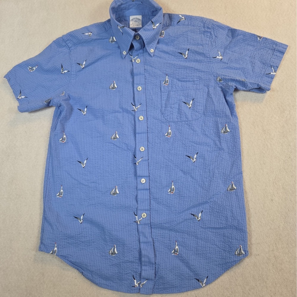 Brooks Brothers Mens S Regent Fit Blue Short Sleeve Seagull & Boat Print Shirt